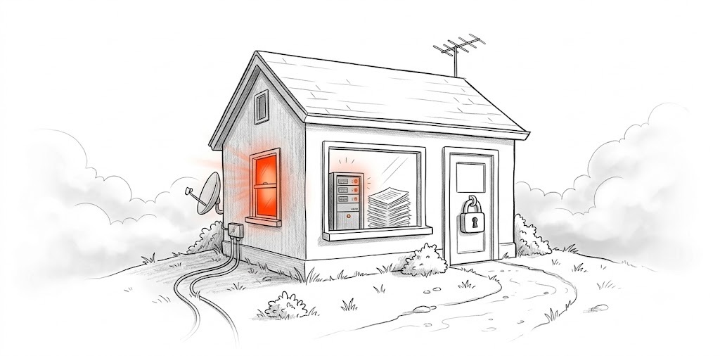 Pencil sketch of a single server holding Virling and its data